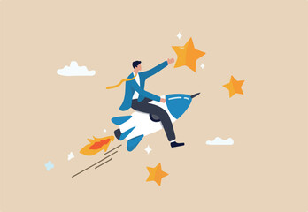 Success achievement, boost growth development to reach target, leadership to win business challenge, startup, entrepreneur or ambition to win, businessman riding fast rocket to reach success star.