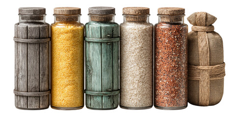 Assorted Glass Containers Filled with Colorful Ingredients on White Background