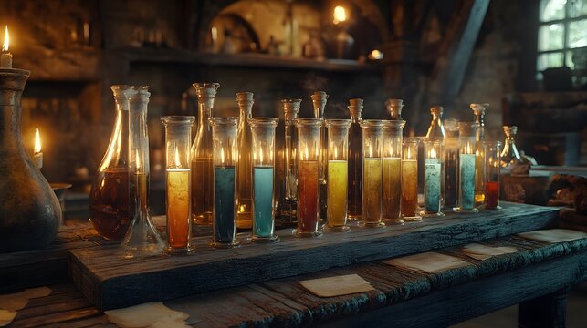 A rustic alchemy lab table displays numerous glass test tubes filled with colorful liquids, illuminated by candlelight in a dimly lit, mysterious medieval setting.