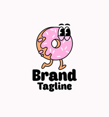Fototapeta premium Hand drawn vector illustration of a walking donut mascot with pink frosting, sprinkles, and cartoon eyes. Fun and colorful logo design concept suitable for bakery, dessert shop