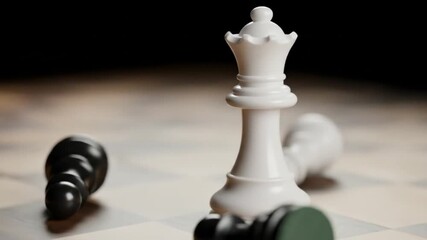 A close-up view of a white king chess piece surrounded by fallen black pieces on a chessboard - Powered by Adobe