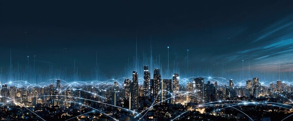 Night city skyline, interconnected by digital network