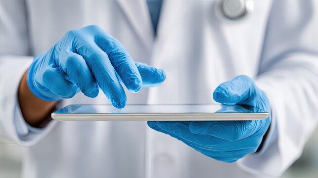 Close-up of doctor’s gloved hands using digital tablet, modern healthcare technology concept symbolizing precision, professionalism, and medical innovation