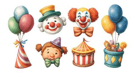Fototapeta premium Colorful Clown Faces and Party Elements on Transparent Background
