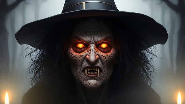 Scary Witch Portrait with Glowing Eyes and Fangs for Halloween.