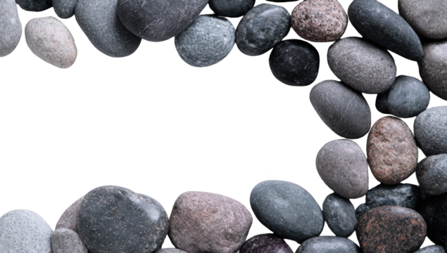A frame of smooth stones surrounds a black void
