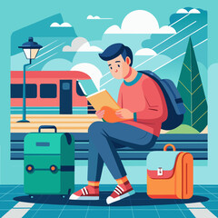 Man reading a book at a train station with luggage