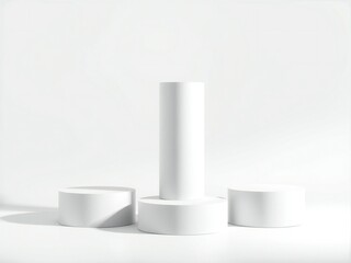 Minimalist arrangement of white cylindrical objects on a white background
