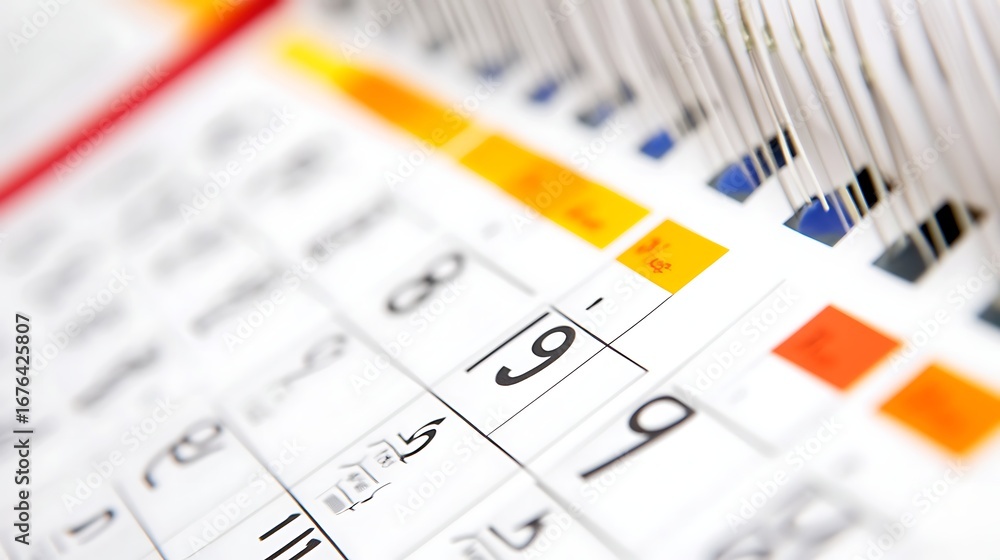 Poster focus on number 19 date on calendar page with colorful marker tabs close up