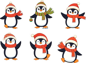 Cute cartoon penguins wearing winter hats and scarves, festive holiday characters, playful winter animals, Christmas illustration, kids vector art