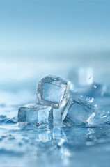 This image shows clear ice cubes splashing in water, highlighting their transparent and cold appearance, ideal for a refreshing context.