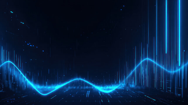 A futuristic abstract background with blue wave-like lines representing technological data and signals in a modern digital context.
