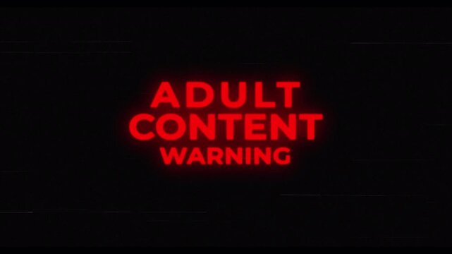 Adult content warning text animation in glitch distortion effect. 4K video
