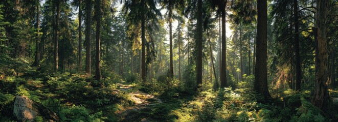 Obraz premium Sunlight filters through a dense forest of tall evergreen trees, illuminating a mossy forest floor