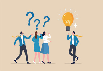 Question answer, advice or suggestion, solving problem with solution, q and a or faq, quiz or solution discovery, information guidance concept, businessman offer solution for people question marks.