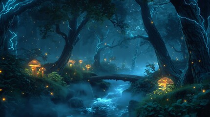 Fototapeta premium Mystical Night in an Enchanted Forest with Glowing Mushrooms and Fireflies