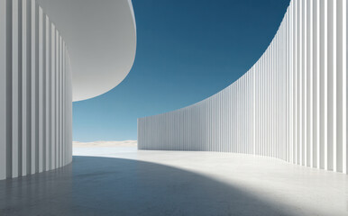 A modern abstract architectural space featuring curved white walls under a clear blue sky, showcasing minimalist design and clean lines.