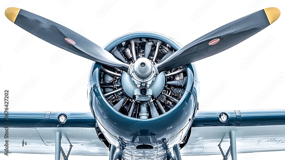 Poster front view of aircraft engine and propeller with golden tips on white background