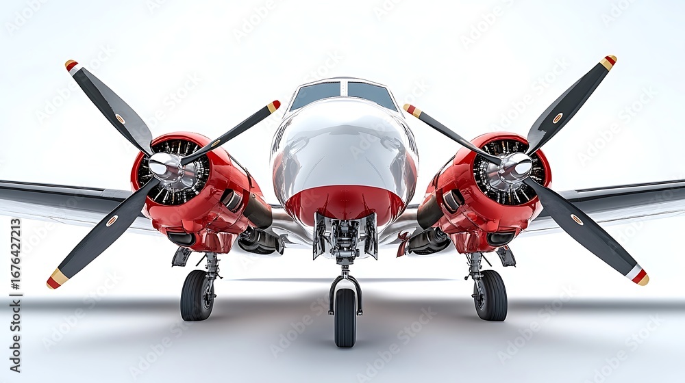Poster front view twin engine propeller airplane red and white color scheme detailed