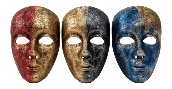 Decorative Masks in Gold, Black, and Blue on Transparent Background