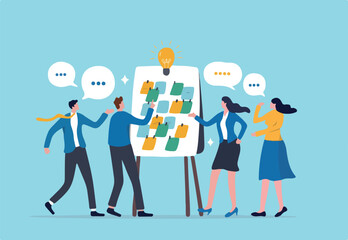Workshop or business discussion, meeting or brainstorm new idea, training course class, Q and A, question and answer chat, business people in workshop meeting room with whiteboard and sticky notes.