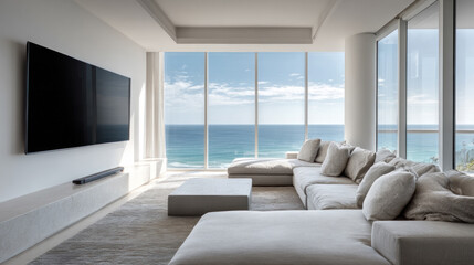 Fototapeta premium A modern living room with large windows offering a panoramic sea view, featuring a minimalist sofa and sleek design.