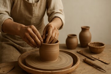 potter shaping clay on a wheel, hands in motion with detailed textures, scattered tools and pottery in background.