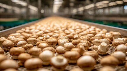 Mushroom Cultivation: Rows of Fresh Mushrooms on Conveyor Belt