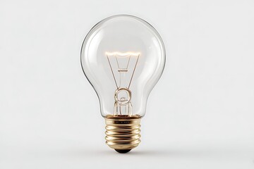 Glowing Filament Clear Light Bulb on White Background, Golden Base and Glass Body
