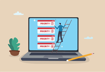 Priority work moving urgent and important task on top, planning with urgency list, critical or deadline work to be done, project planning concept, businessman move priority task on computer laptop.