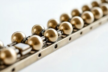 Fototapeta premium Golden Balls Aligned on Metallic Base with Connecting Bars on White Backdrop