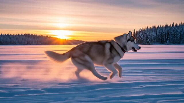 A Siberian Husky joyfully running across a snowy landscape at sunset, with trees in the background