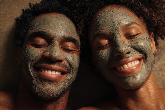 Smiling couple enjoys spa treatment with facial clay masks together. Showcase wellness, beauty, and self-care for couples in ads.