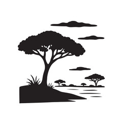 Tree in savanna landscape, silhouette vector illustration