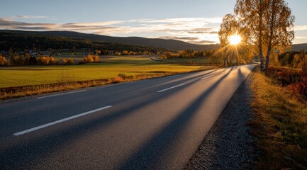 Asphalt road passing through a colorful autumn landscape at sunset, with the sun casting long shadows from the trees