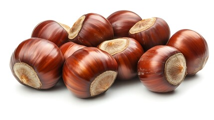 Group of Glossy Brown Chestnuts with Light Spots on White Plain Background