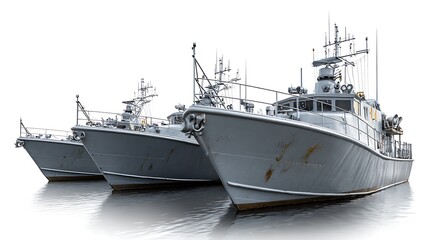 Obraz premium Group of Gray Patrol Boats with Antennas and Radar Equipment on a Water Surface