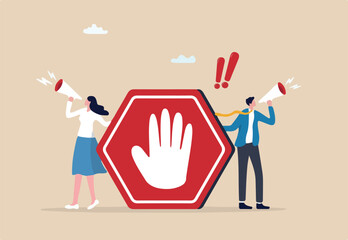 Forbidden warning, prohibition, don't do or stop rule, false or restriction, danger, bad hazard disallow message, illegal or ban concept, business people announce forbidden message with prohibit sign.
