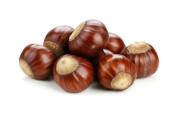 Group of Shiny Brown Horse Chestnuts with Beige Patches on White Background
