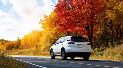 White SUV cruising along a picturesque road, surrounded by vibrant autumn foliage in stunning shades of orange, red, and gold