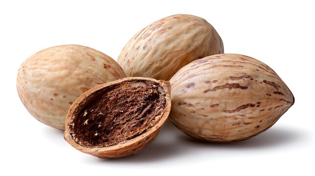 Group of Whole and Empty Mongongo Nuts (Schinziophyton Rautanenii) on White Background