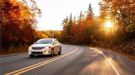 White car cruising along a scenic road, surrounded by vibrant autumn trees showcasing hues of orange, red, and yellow at sunset
