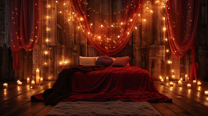 Romantic bedroom decorated with fairy lights candles and red curtains creating a warm inviting atmosphere