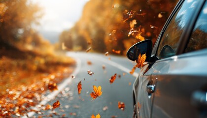 Fallen leaves swirling around a car cruising along a scenic road, showcasing the vibrant colors of autumn foliage in full display