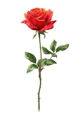 Single red rose with green leaves and stem
