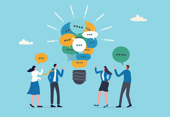 Effective communication, meeting discussion or conversation solution, speak or telling intelligence information, team opinion new idea concept, business people discuss with lightbulb speech bubble.