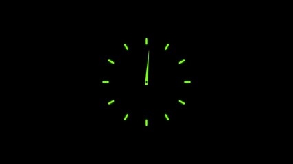 12 hours clock dial loop, twenty-four hours time lapse animation. Twelve hours clock run, moving time arrows. Hours appear on a black background