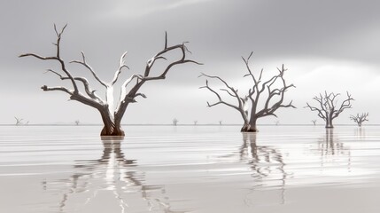 Desolate landscape dead trees in water nature scene foggy environment wide angle view serenity concept