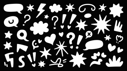 Dynamic doodle elements collection featuring speech bubbles, stars, hearts, question marks, and exclamation points for vibrant designs