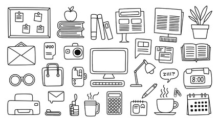 Creative business doodles capturing daily office essentials, productivity tools, and work-life balance elements for modern professionals.